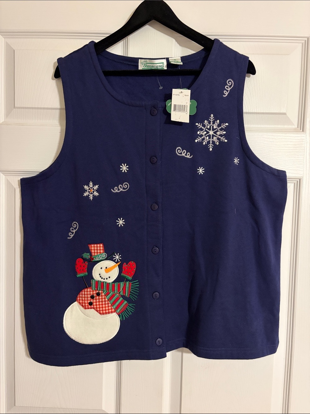 Sleeveless Embroidered Snowman Vest - Navy